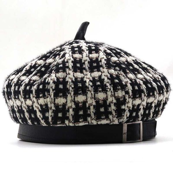 

stingy brim hats simple women wool beret for elegant lady winter female rabbit fur hats plaid vintage octagonal casual boina autumn girl cap, Blue;gray