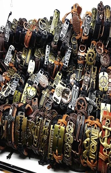 

band new vintage leather mens womens surfer bracelet cuff wristband 50pcs lots mixed style retro jewelry charm bracelet 93 t2506426107005, Golden;silver