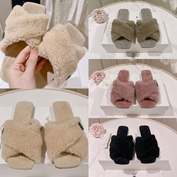 

famouse brand shearling slippers women's fur slide with crystal diamond buckle designer fleece plush furry mules slip on cross strap fl, Black