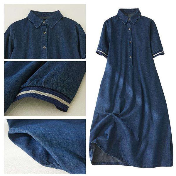 

summer style french temperament polo collar retro loose a word mid length denim dress for women, Black;gray