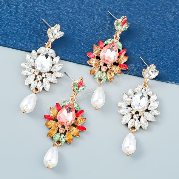

fashion color rhinestone dangle earrings for women fashion imitation pearl jewelry diamond inlaid flower earrings accessorie, Silver