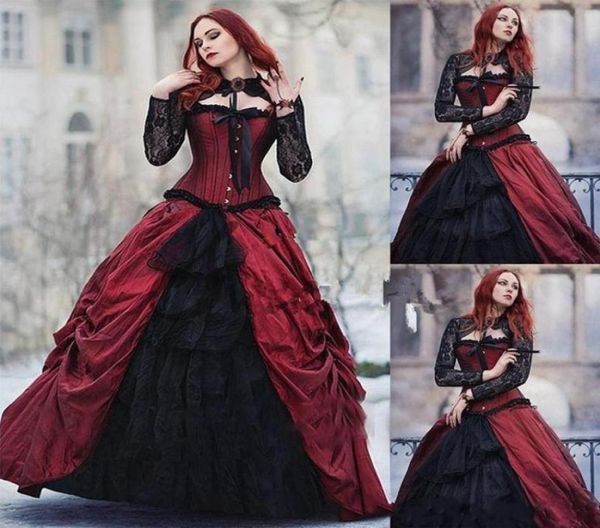 

burgundy gothic victorian halloween wedding dresses 2020 vintage wine red and black sheer lace long sleeve plus size corset bridal6914294, White