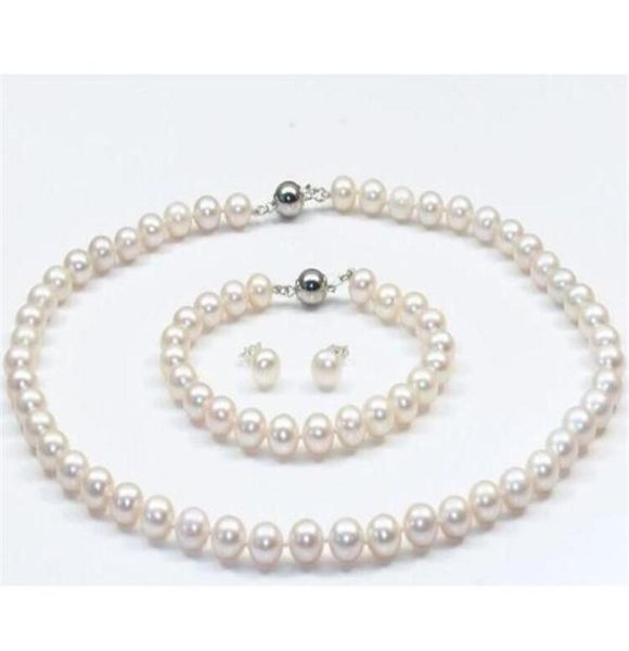

910mm natural akoya white pearl necklace 18inch 925 silver clasp bracelet earrings299v9843793