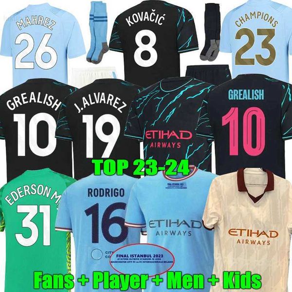 

22 23 24 haaland soccer jerseys grealish mans cities mahrez fans player version de bruyne foden 2024 2023 football shirt kids kit sets wpme, White;black