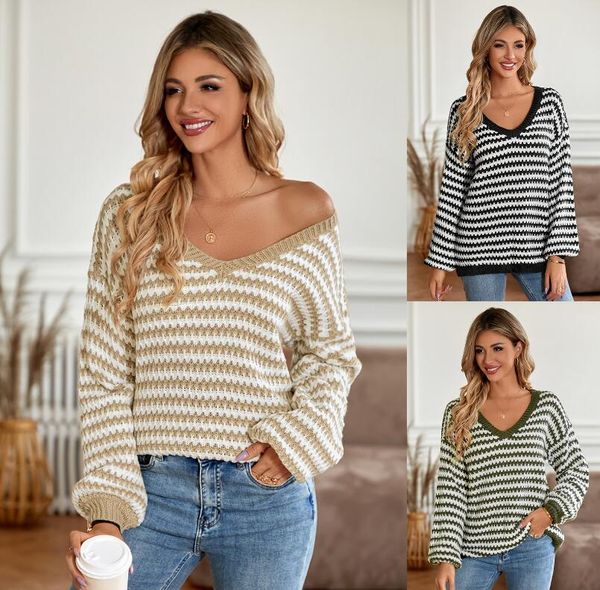 

women's sweaters 2023 winter casual women's v-neck loose stripe long sleeve sweater fashion women's knitted sweater top, White;black