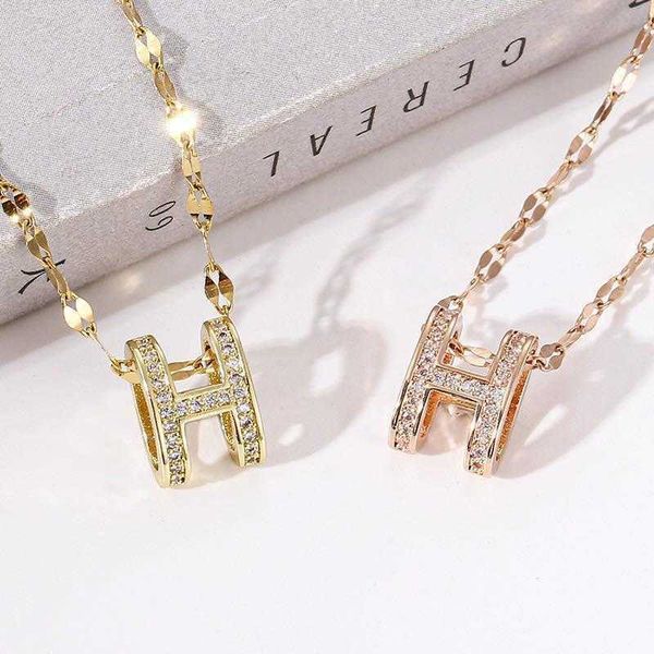 

high sense full diamond letter h titanium steel necklace women's summer ins simple cool style clavicle fashion versatile neck chain, Silver