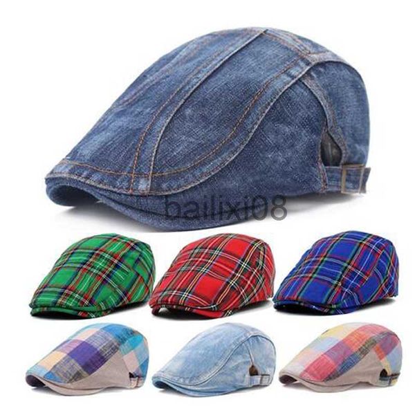 

stingy brim hats denim beret caps for women men's peaked cap vintage jeans berets newsboy hat spring summer casual adjustable plaid hat, Blue;gray