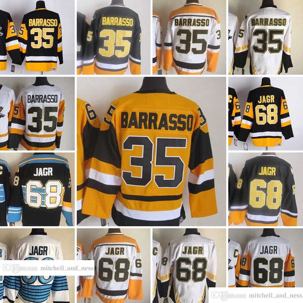 

movie vintage hockey 68 jaromir jagr jerseys ccm embroidery 35 tom barrasso jersey white black yellow, Black;red