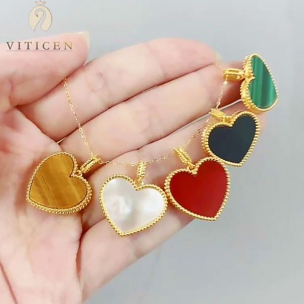 

pendant necklaces viticen real 18k gold au750 heart clavicle necklace natural agate malachite simple romantic gifts for women fine jewelry 2, Silver