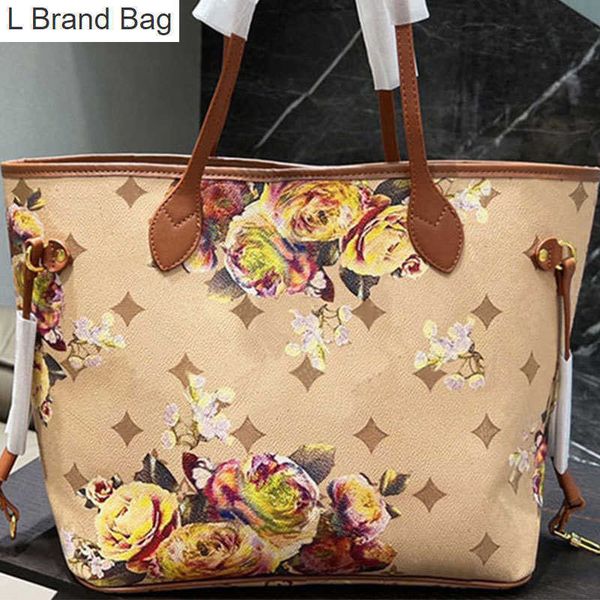 

l bag floral never tote bag shoulder beach bags women handbag purse coated canvas leather fashion letter large capacity handbags pocket side, Black