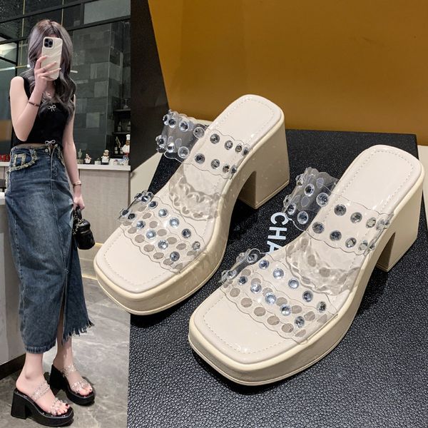 

sandals 2023 summer small high heel s transparent design crystal 230801, Black