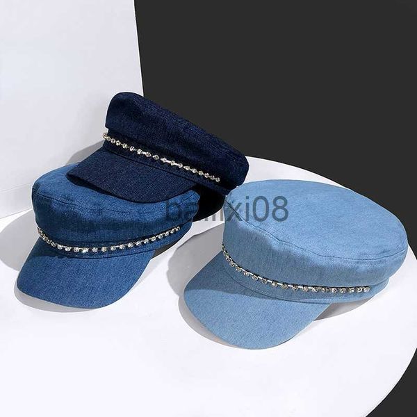 

stingy brim hats new fashion rhinestone chain beret hat women british retro cowboy newsboy hat flat navy hat korean version wild cap j230802, Blue;gray