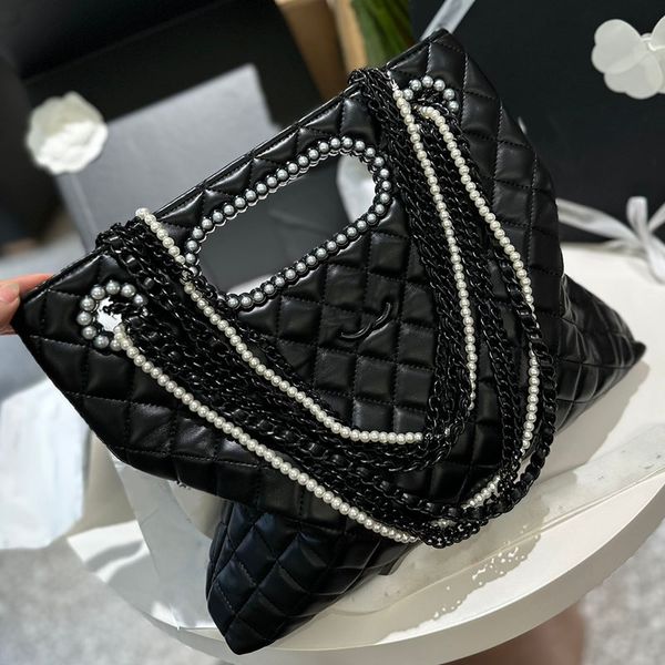 

23a inlaid with pearl handle women designer vintage hobo bag calfskin leather black metal hardware multi pearl chain shoulder handbag high-c