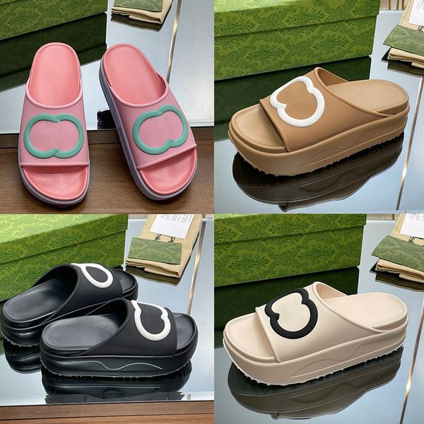 

chunky flatform sandals embossed interlocking slides slipper pool platform mule flip flops thick bottom rubber slide women men summer beach, Black