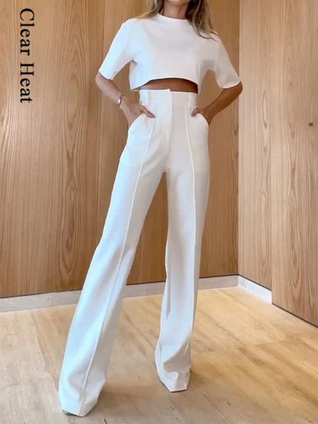 

women s two piece pant round neck short sleeve suit fashion solid loose with pockets sets female elegant streetwear outfits 230801, White