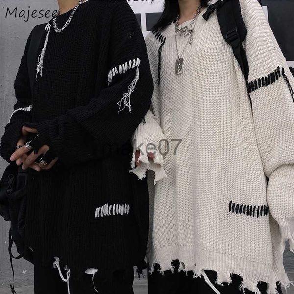 

men's sweaters men pullovers irregular hole designs harajuku fashion couples long sleeve knitwear round neck high street sweaters male, White;black