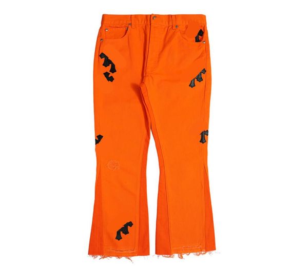 

jeans preto branco men's street leather embroidered silver buckle orange denim flared pants loose hip hop trousers2464838, Blue