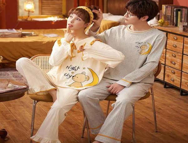 

men039s sleepwear winter cute bear cartoon couple pajamas set men casual cotton long sleeve ruffles for women matching loungewe1052279, Black;brown