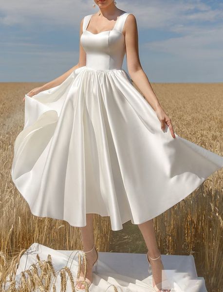 

elegant short sweetheart satin wedding dresses with pockets a-line ivory regular straps vestidos de novia abendkleid bridal gown for women, White