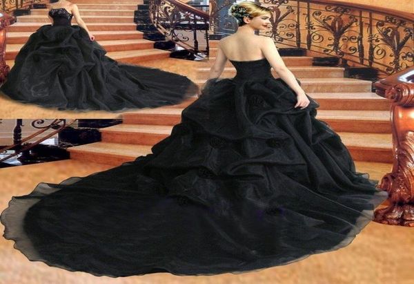

vintage gothic black wedding dresses ball gown strapless beadings organza court train bridal gowns lace up back custom made w9538398579, White