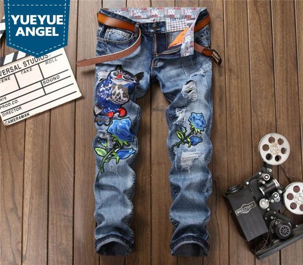 

mens designer hole ripped jeans fashion embroidery animal blue denim trousers spring autumn zip straight jeans9287813