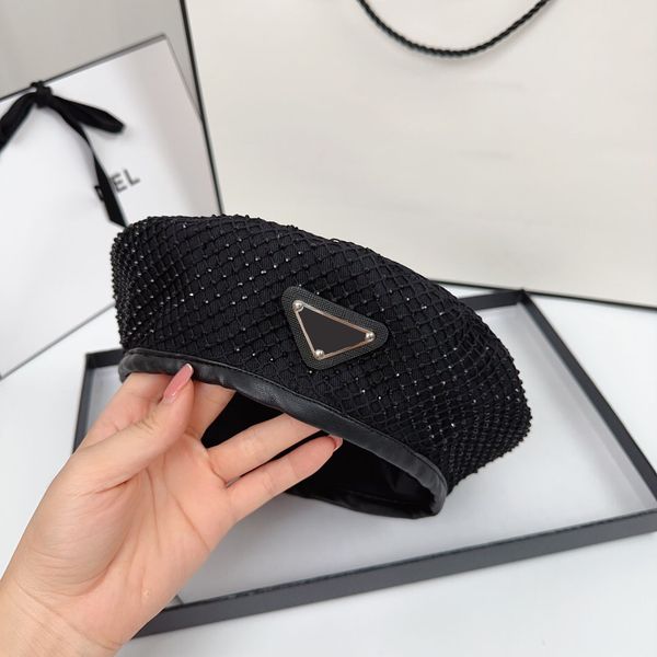 

women's luxury designer beanie hat autumn summer fashion holiday dating beret metal triangle letter print casquette, Blue;gray