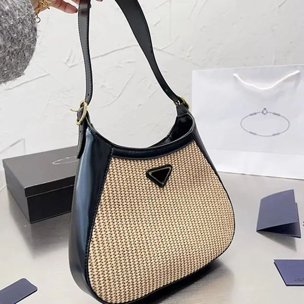 

bucket bag shoulder tote bag women straw handbag prrada purse plain triangle hardware fashion letters adjustable belt strap large capacity t