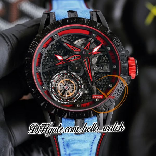 

new 45mm rddbex0479 rddbex0572 automatic mens watch skeleton dial tourbillon pvd black steel case red inner blue/leather rubber strap watche, Slivery;brown