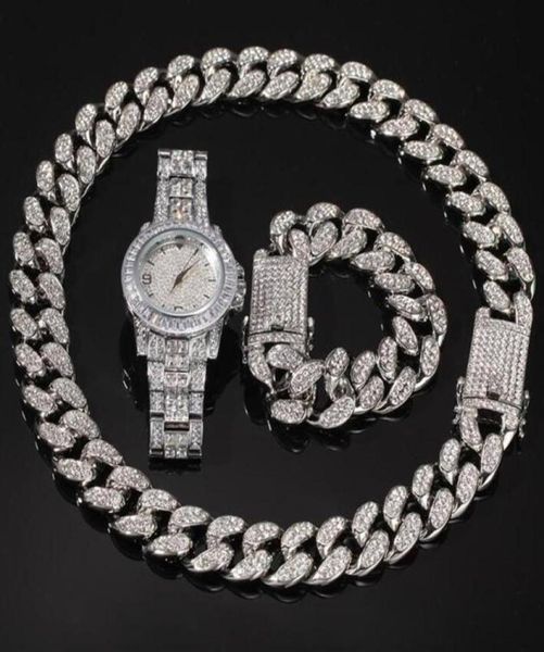 

2020 men hip hop iced out bling chain necklace bracelets watch 20mm width cuban chains necklaces hiphop charm jewelry gifts293a8335717, Silver