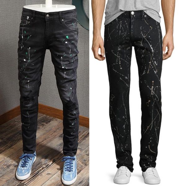 

black motocycle denim paint jeans for mens nice qualty big size 38 cowboy jeans man skinny fit2419642, Blue