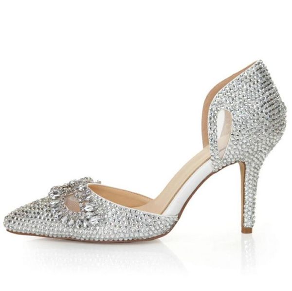 

silver rhinestone heels pointed toe bling shoes size 40 41 8cm bridal dress shoes nightclub crystal women prom shoes9956773, Black