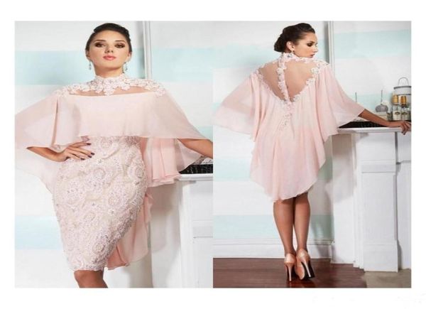 

high neck sheath knee length cocktail dresses with cape lace applique backless short homecoming prom gowns with beaded appliques2926672, Black