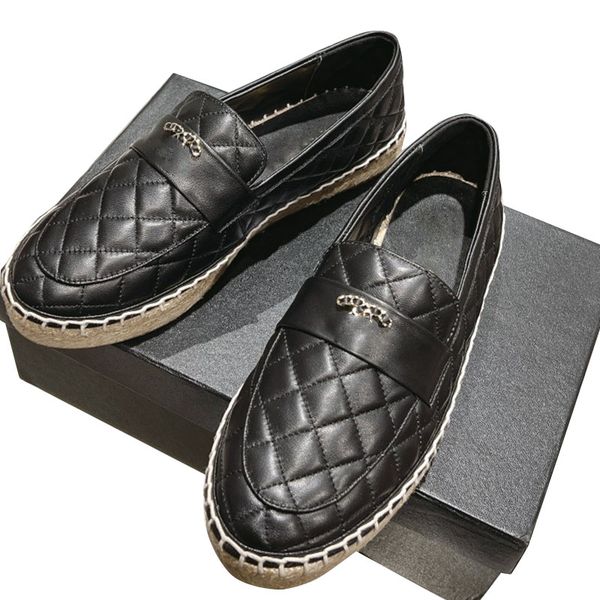 

womens dress shoes designer ladies loafers classic hardware matelasse sheepskin luxurys espadrilles raffia slip on slides with chain sandals, Black