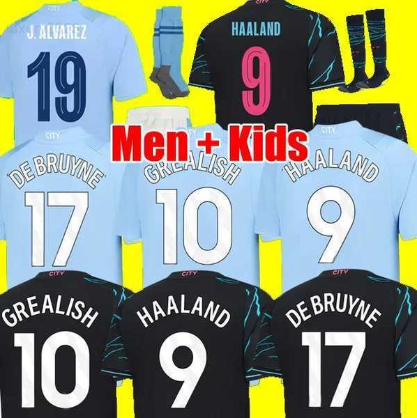 

23 24 haaland soccer jerseys grealish sterling mans cities mahrez fans player version de bruyne foden 2023 2024 football shirt kids kit set, White;black