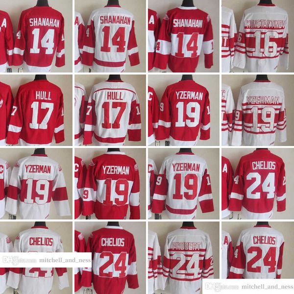 

1926-1999 movie retro ccm hockey jersey embroidery 19 steve yzerman 24 chris chelios 17 brett hull 14 brendan shanahan 16 vladimir konstanti, Black;red