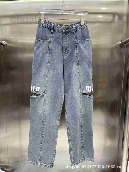 

women's jeans designer summer new niche design trendy brand side opening with three-dimensional letters fashionable full of holes jeans, Blue