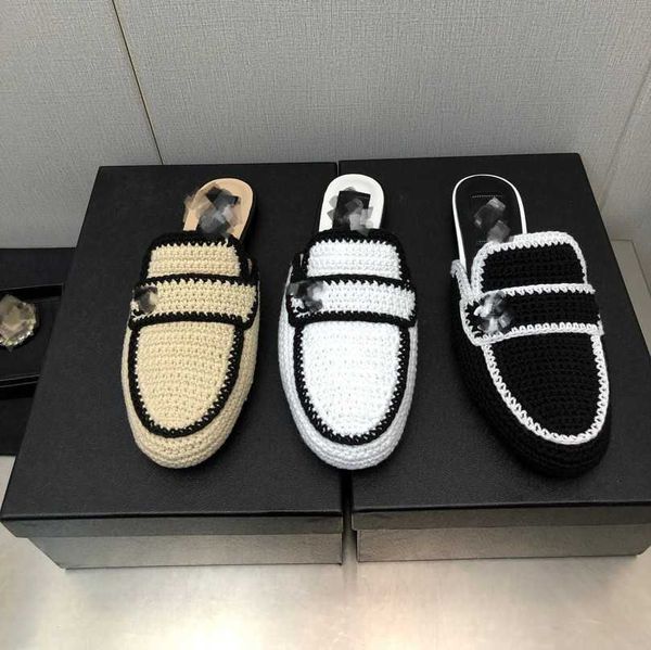 

channel raffia straw espadrilles interlocking c flat mules half slippers sandal knitted weave designer slipper buckle platform mule slides s, Black