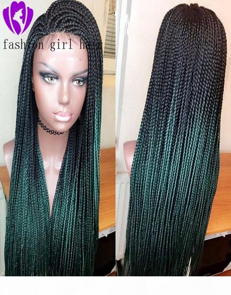

long ombre green wigs braided box braids wigs for women synthetic lace front wig heat resistant fiber hair lace wig2954219, Black;brown