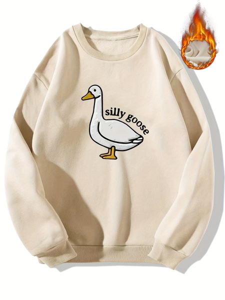 

silly goose print crew neck fleece sweatshirt warm pullover for men solid color sweatshirts for winter fall long sleeve, Black