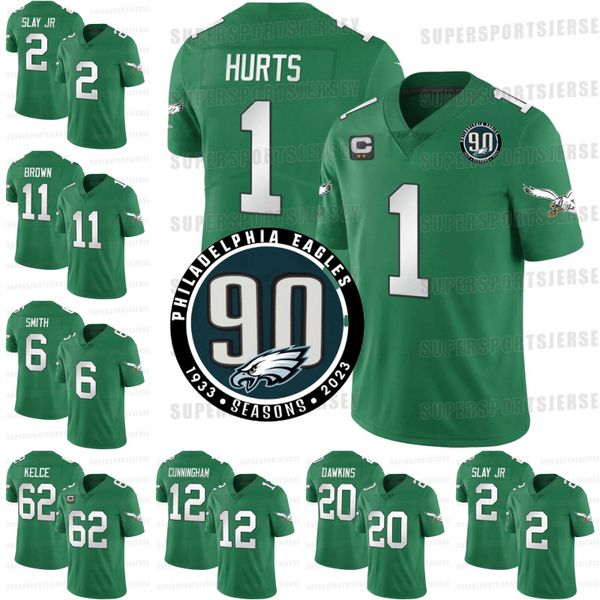 

eagles 1 jalen hurts 62 jason kelce philadelphias jersey kelly green 90th patch football jerseys 6 devonta smith 20 brian dawkins 11 a.j. br, Blue;black