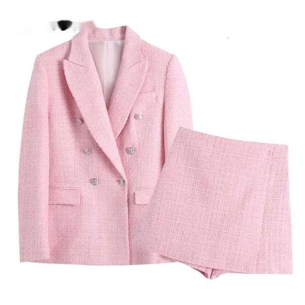 

aachoae chic women pink tweed suit blazer sets double breasted with high waist shorts office ladies outfits set 211104, White