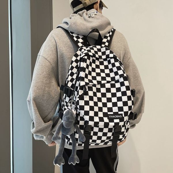 

school bags trend chessboard lattice backpack large capacity waterproof versatile campus schoolbag men's satchel couple style outdoor 2