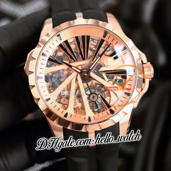 

new 46mm rddbex0256 dbex0668 automatic mens watch skeleton dial gold inner rosegold case black rubber strap sport watches hwrd hello_watch g, Slivery;brown