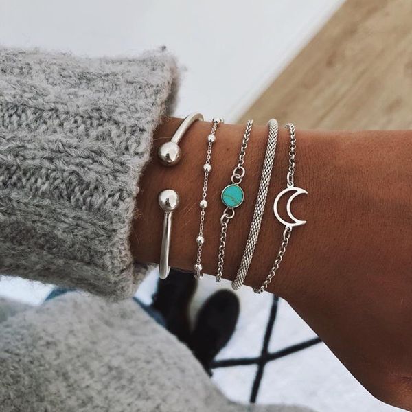 

charm bracelets fashion geometric stone bracelet set for women retro silver color moon wrist chain open bangle lady trendy boho jewelry 2308, Golden;silver