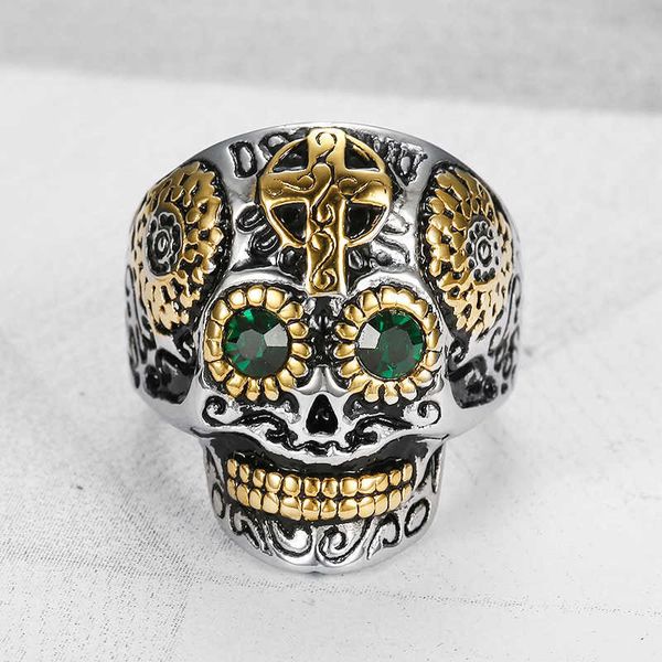 

jewelry cross men's ring punk skull head aggressive titanium steel, Silver