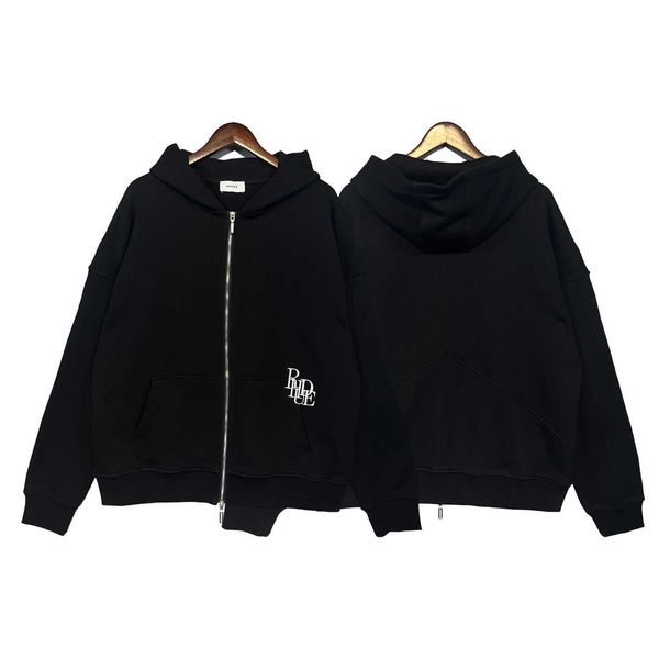 

american street rhude unique capsule style zipper head 3d embroidery os loose hooded sweater coat, Black