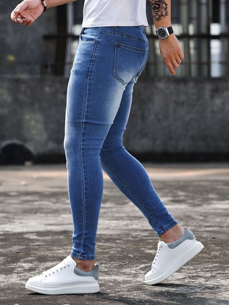 

mens jeans y2k pants male men solid color multi pockets denim mid waist classic stretch elastic pencil streetwear 230801, Blue