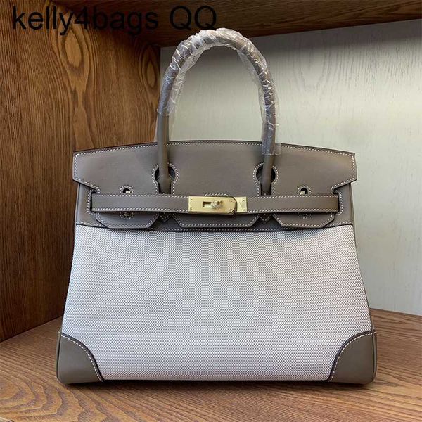 

canvas montage leather designer bags h ermess birkins 5a genuine leather handmade canvas collar cowhide wax elephant grey