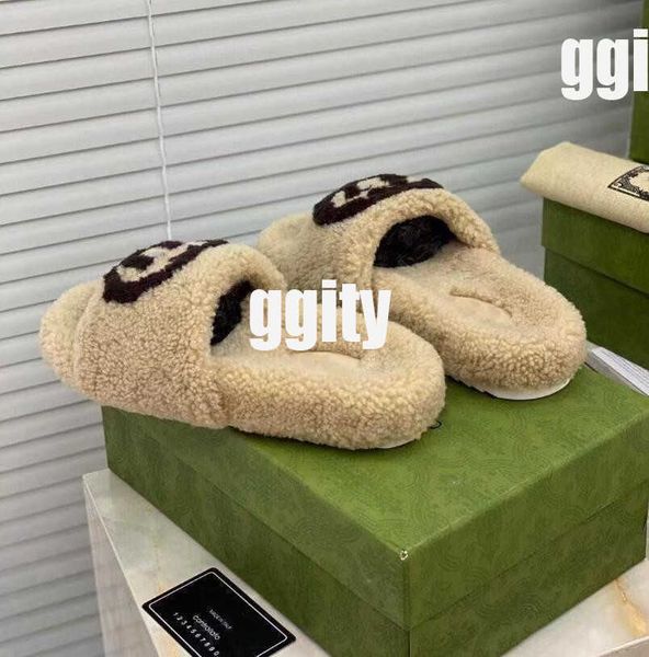 

2022 designers wool slippers women trendy woolskin solid color embroidery slides winter soft luxury plush fur oran sheep sandals rubber, Black