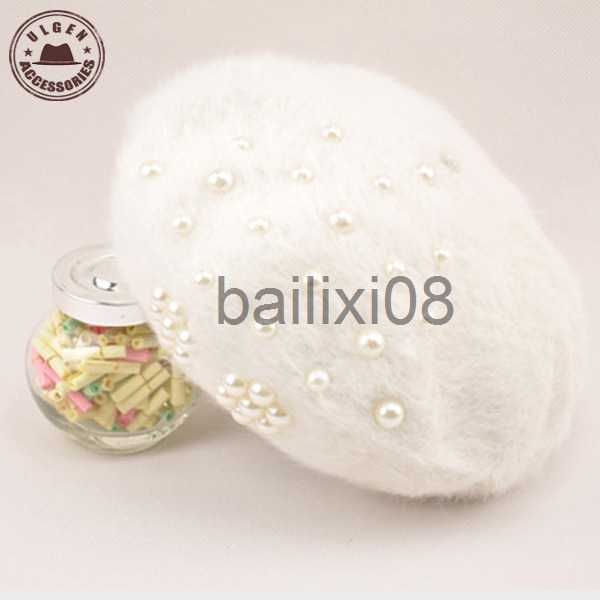 

stingy brim hats boina feminina women beret pearl hat rabbit hair knitted female berets winter warm women hats j230802, Blue;gray